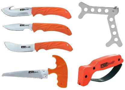 Picture of Accusharp 728C Game Processing Kit Butcher/Caper/Gut-Hook/Bone Saw/Ribcage Spreader Gut Hook/Saw/Plain Stainless Steel Blade Orange Frn Handle 
