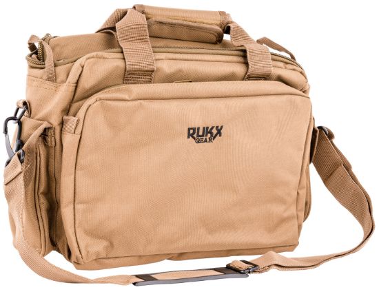 Picture of Rukx Gear Atictrbt Tactical Range Bag Water Resistant Tan 600D Polyester With Hidden Handgun Pocket, Mag & Ammo Storage, Non-Rust Zippers & Carry Handle 16" X 7.50" X 10.50" Interior Dimensions 