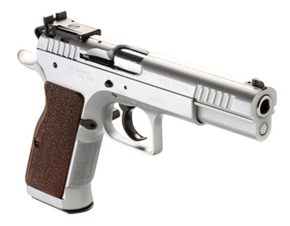 Picture of Tanfoglio Ifg Tf-Limpro-9 Defiant Limited Pro 9Mm Luger Caliber With 4.80" Barrel, 19+1 Capacity, Overall Hard Chrome Finish Steel, Beavertail Frame, Serrated Slide & Brown Polymer Grip 