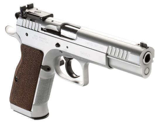 Picture of Tanfoglio Ifg Tf-Limpro-9Sf Defiant Limited Pro 9Mm Luger Caliber With 4.80" Barrel, 16+1 Capacity, Overall Hard Chrome Finish Steel, Beavertail Frame, Serrated Slide & Brown Polymer Grip 