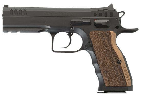 Picture of Tanfoglio Ifg Tf-Stocki-9Sf Defiant Stock I 9Mm Luger Caliber With 4.50" Barrel, 16+1 Capacity, Overall Black Finish Steel, Picatinny Rail/Beavertail Short Frame, Serrated Slide & Wood Grip 