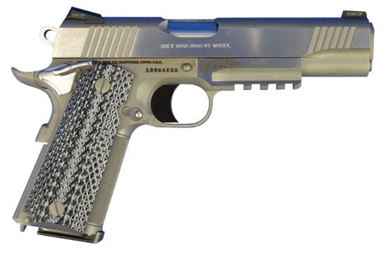 Picture of Colt Mfg O1070rgz 1911 Government 45 Acp 7+1, 5" Stainless National Match Barrel, Serrated Slide & Frame W/Picatinny Rail, Double Diamond Checkered Wood Grip 