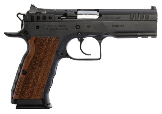 Picture of Tanfoglio Ifg Tf-Stocki-45 Defiant Stock I 45 Acp Caliber With 4.50" Barrel, 10+1 Capacity, Overall Black Finish Steel, Picatinny Rail/Beavertail Frame, Serrated Slide & Wood Grip 