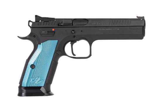 Picture of Cz-Usa 91220 Ts 2 9Mm Luger 20+1 5.28" Blued Steel Barrel, Black Serrated Steel Slide, Black Polycoat Steel Frame W/Beavertail, Blue Checkered Aluminum Grip, Ambidextrous 