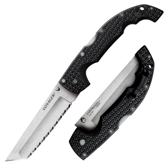 Picture of Cold Steel Cs29axts Voyager Xl 5.50" Folding Tanto Serrated Aus-10A Ss Blade/Black Griv-Ex W/Aluminum Liners Handle Includes Pocket Clip 