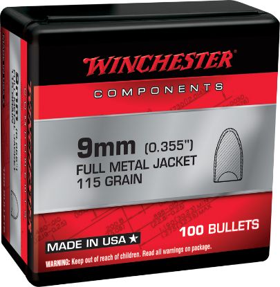 Picture of Winchester Ammo Wb9mc115x Centerfire Handgun Reloading 9Mm .355 115 Gr Full Metal Jacket Flat Base 100 Per Box/ 10 Case 
