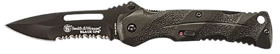 Picture of Smith & Wesson Knives Swblop2bscp Black Ops 3.40" Folding Drop Point Part Serrated 4034 Ss Blade Black Includes Pocket Clip 