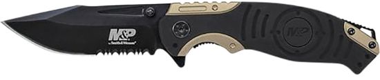 Picture of Smith & Wesson Knives Swp13bscp M&P 3.50" Folding Drop Point Part Serrated Stonewashed 8Cr13mov Ss Blade/Black & Tan Aluminum Handle Includes Pocket Clip 