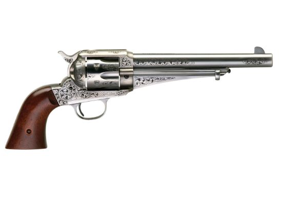 Picture of Taylors & Company 550382 1875 Army Outlaw 357 Mag Caliber With 7.50" Barrel, 6Rd Capacity Cylinder, Overall White Engraved Finish Steel & Walnut Grip 