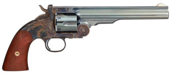 Picture of Taylors & Company 550651 Schofield Top Break 44-40 Win Caliber With 7" Charcoal Blued Finish Barrel, 6Rd Capacity Charcoal Blued Finish Cylinder, Color Case Hardened Finish Steel Frame & Walnut Grip 