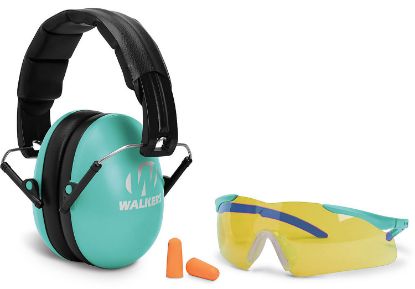 Picture of Walker's Gwpywfm2gfpltl Folding Muff Combo 23 Db Over The Head Folding Muff, Foam Ear Plugs, Shooting Glasses Black/Teal Polymer Fits Youth/Women 