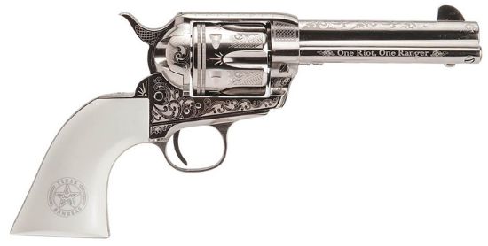 Picture of Cimarron Pp410lntxr Frontier Texas Ranger 45 Colt (Lc) 6 Shot, 4.75" Engraved Nickel-Plated Steel Barrel, Cylinder & Frame, Engraved "One Riot, One Ranger" Ejector Rod, White Polymer Grip 