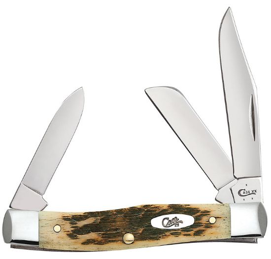 Picture of Case 00079 Stockman Medium 2.57"/1.88"/1.76" Folding Clip/Sheepsfoot/Pen Plain Mirror Polished Chrome Vanadium Steel Blade/Peach Seed Jigged Amber Bone Handle 