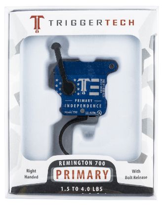 Picture of Triggertech X33srb14tbc Primary Independence Single-Stage Curved Trigger With 1.50-4 Lbs Draw Weight, Red & Blue With White Engraving Finish For Remington 700 