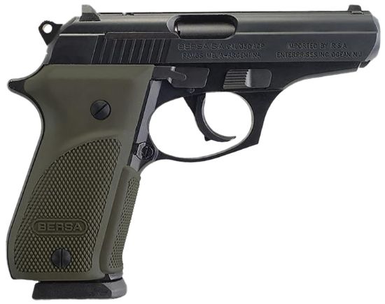 Picture of Bersa T380pmc Thunder Combat Sub-Compact Frame 380 Acp 15+1, 3.50" Black Steel Barrel, Matte Black Serrated Steel Slide & Aluminum Frame W/Beavertail, Olive Wrap-Around Grip 