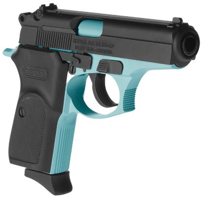 Picture of Bersa T380blm8 Thunder Micro-Compact Frame 380 Acp 8+1, 3.50" Robin Egg Blue Cerakote Steel Barrel, Matte Black Serrated Steel Slide, Robin Egg Blue Cerakote Aluminum Frame 