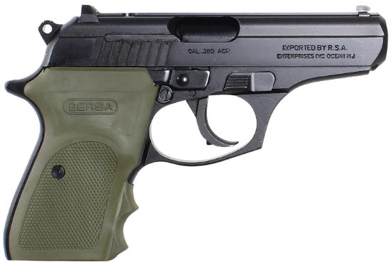 Picture of Bersa T380mc Thunder Combat Micro-Compact Frame 380 Acp 8+1, 3.50" Black Steel Barrel, Matte Black Serrated Steel Slide & Aluminum Frame W/Beavertail, Olive Wrap-Around Grip 