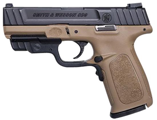 Picture of Smith & Wesson 12400 Sd9 Compact Frame 9Mm Luger 17+1, 4" Black Armornite Stainless Steel Barrel & Serrated Slide, Flat Dark Earth Polymer Frame W/Picatinny Rail, Crimson Trace Laser 