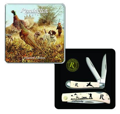 Picture of Remington Accessories 15684 Flushing Pheasant Limited Edition Gift Tin 2.75"/3.50" Folding Plain Stainless Steel Blade White W/Etched Upland Hunting Scene Bone Handle 