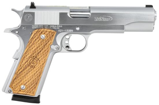 Picture of Tristar 85602 American Classic Government 1911 45 Acp 8+1, 5" Stainless Steel Barrel, Chrome Serrated Steel Slide, Chrome Steel Frame W/Beavertail, Wood Grip 