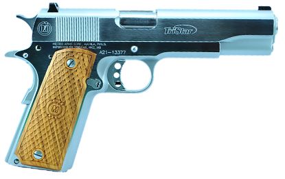 Picture of Tristar 85605 American Classic Government 1911 9Mm Luger 10+1 5" Stainless Steel Barrel, Chrome Serrated Steel Slide, Chrome Steel Frame W/Beavertail, Wood Grip 