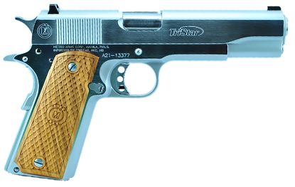 Picture of Tristar 85608 American Classic Government 1911 38 Super 9+1, 5" Stainless Steel Barrel, Chrome Serrated Steel Slide, Chrome Steel Frame W/Beavertail, Wood Grip 