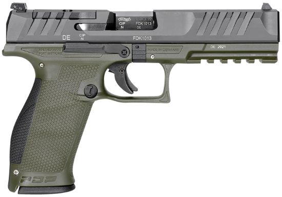 Picture of Walther Arms 2858363 Pdp 9Mm Luger 18+1 4.50" Black Polygonal Rifled Barrel, Black Optic Ready/Serrated Slide, Green Polymer Frame W/Picatinny Rail, Black Performance Duty Texture Grips, Ambidextrous