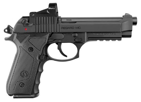 Picture of Eaa Girsan 392080 Regard Mc Tv Full Size 9Mm Luger 18+1 4.90" Black Steel Barrel, Black Far-Dot/Serrated Slide, Black Aluminum Frame W/Accessory Rail, Black Finger Grooved Polymer Grips Ambidextrous 