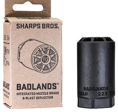 Picture of Sharps Bros Bad02 Badlands Muzzle Brake/Blast Deflector, Heat Treated 17-4 Stainless Steel W/Nitride Finish, 5/8"-24 Tpi Threads 2.75"L 1.50"D For Multi-Caliber (.223-.354) Full-Auto Rated 