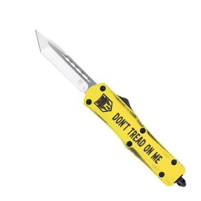 Picture of Cobratec Knives Mdtomfs3tns Fs-3 Don't Tread On Me Medium 3" Otf Tanto Plain D2 Steel Blade Yellow W/"Don't Tread On Me" Aluminum Cerakoted Handle Features Glass Breaker Includes Pocket Clip 