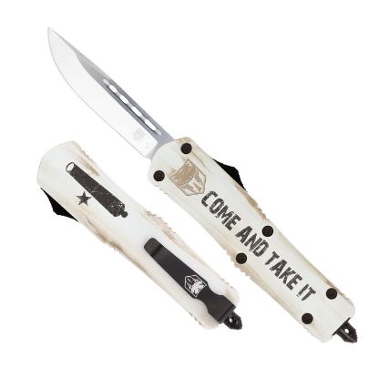 Picture of Cobratec Knives Mcatifs3dns Fs-3 Come And Take It 3" Otf Drop Point Plain 154Cm Ss Blade White W/"Come And Take It" Aluminum Cerakoted Handle Features Glass Breaker Includes Pocket Clip 