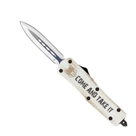 Picture of Cobratec Knives Mcatifs3dagns Fs-3 Come And Take It Medium 3" Otf Dagger Plain D2 Steel Blade White W/"Come And Take It" Aluminum Cerakoted Handle Features Glass Breaker Includes Pocket Clip 