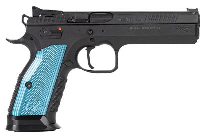 Picture of Cz-Usa 91222 Ts 2 40 S&W 17+1 5.28" Black Steel Barrel, Black Serrated Steel Slide, Black Polycoat Steel Frame W/Beavertail, Blue Checkered Aluminum Grip, Ambidextrous 