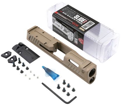 Picture of Strike Industries P365-Slide-Fde Strike Replacement Slide Flat Dark Earth Stainless Steel With Ports & Optics Cut For Sig P365 Includes Charging Handle 