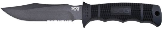 Picture of S.O.G Sogm37k Seal Pup 4.75" Fixed Clip Point Part Serrated Powder Coated Aus-8A Ss Blade Black W/Raised Diamond Pattern Grn Handle Includes Sheath 