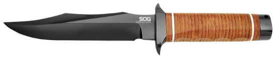 Picture of S.O.G Sogsb1tl Super Sog 7.50" Fixed Bowie Plain Black Hardcased Ticn Aus-8A Ss Blade Brown Stacked Leather Washers W/Cross Guard Handle Includes Sheath 