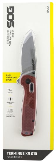 Picture of S.O.G Sogtm1023cp Terminus Xr 2.95" Folding Clip Point Plain Stonewashed D2 Steel Blade Crimson Textured G10 Handle Includes Pocket Clip 