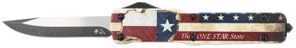 Picture of Templar Knife Mztx321 Premium Weighted Slim 3.16" Otf Drop Point Plain Black Oxide Stonewashed Powdered D2 Steel Blade/4.93" Red/White/Blue W/"The Lone Star State" Aluminum Zinc Alloy Handle 