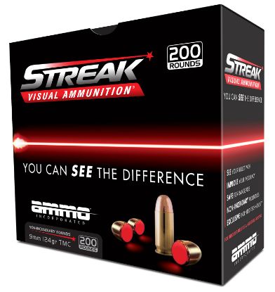 Picture of Ammo Inc 9124Tmcstrkred Streak Visual (Red) 9Mm Luger 124Gr Total Metal Jacket 20 Per Box/10 Case 