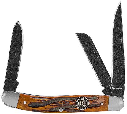 Picture of Remington Accessories 15643 Backwoods Stockman Folding Stonewashed Carbon Steel Blade Coffee Brown W/Remington Medallion Bone Handle 