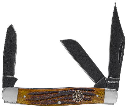 Picture of Remington Accessories 15645 Backwoods Stockman Folding Stonewashed Carbon Steel Blade Coffee Brown W/Remington Medallion Bone Handle 