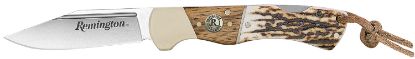 Picture of Remington Accessories 15654 Guide Lock Back 4.00" Folding V-Flat Stainless Steel Blade, Stag Bone Handle W/Remington Shield, Nickle Silver Bolsters, Includes Leather Lanyard 