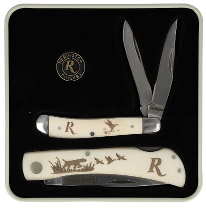 Picture of Remington Accessories 15686 Duck Tin Collector Gift Set 2.75" Peanut/3.5" Lockback V-Flat Stainless Steel Blade White Bone Includes 