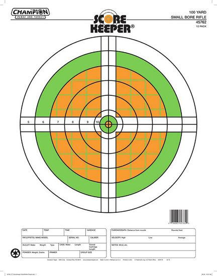 Picture of Champion Targets 45762 Score Keeper Sight-In Bullseye Paper Hanging 100 Yds Small Bore Rifle Fluorescent Green & Orange/White 12 Pk 