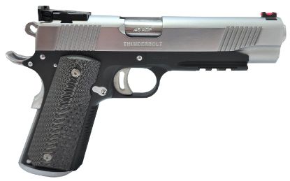 Picture of Global Defense Gdtbtt455g10 Thunderbolt 45 Acp 8+1 5" Barrel, Matte Black Steel Frame, Matte Chrome Steel Slide W/Front Serrations, Checkered Gray G10 Grip, Manual Safety 