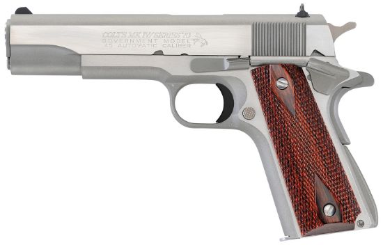 Picture of Colt Mfg O1070a1cs 1911 Government 45 Acp 8+1 5" Stainless National Match Barrel, Brushed Stainless Serrated Slide & Frame W/Beavertail, Double Diamond Checkered Wood Grip 