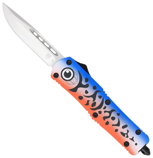 Picture of Cobratec Knives Mflblufs3dns Fs-3 Blue Lure Medium 3" Otf Drop Point Plain Satin D2 Steel Blade, 4.50" Blue Fishing Lure Aluminum Cerakoted Handle 