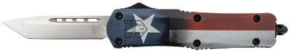 Picture of Cobratec Knives Mctxfs3tns Fs-3 Texas Flag Medium 3" Otf Tanto Plain Satin D2 Steel Blade, 5" Texas Flag Aluminum Cerakoted Handle 