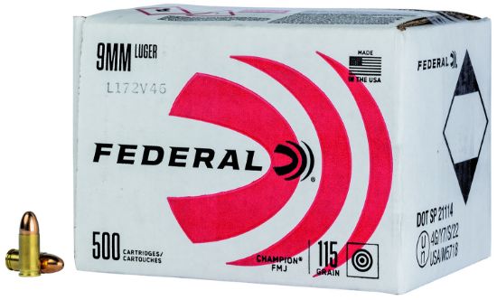 Picture of Federal C9115a500 Champion Training 9Mm Luger 115 Gr Full Metal Jacket 500Rds Bulk Package 