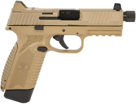 Picture of Fn 66101384 545 Tactical 45 Acp 15+1/18+1, 4.71" Black Target Crown/Threaded Steel Barrel, Flat Dark Earth Pvd Optic Cut/Serrated Steel Slide & Polymer Frame W/Picatinny Rail, Ambidextrous 